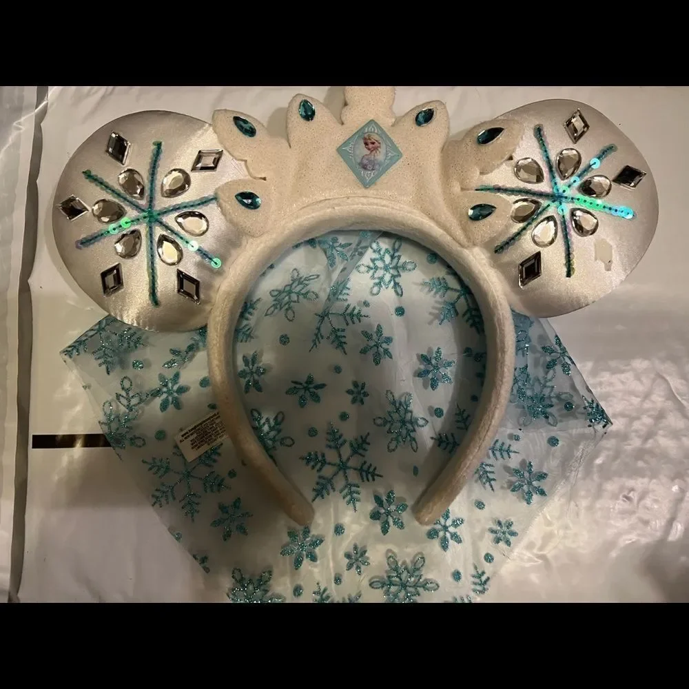 Disney Parks Blue White Sparkle  Elsa Minnie Mouse Ears Headband